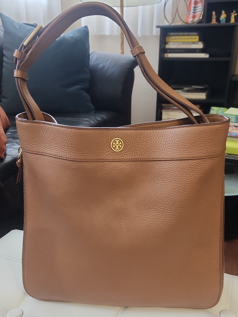 Tory Burch Brown Pebbled Leather Shoulder Tote with Gold Logo